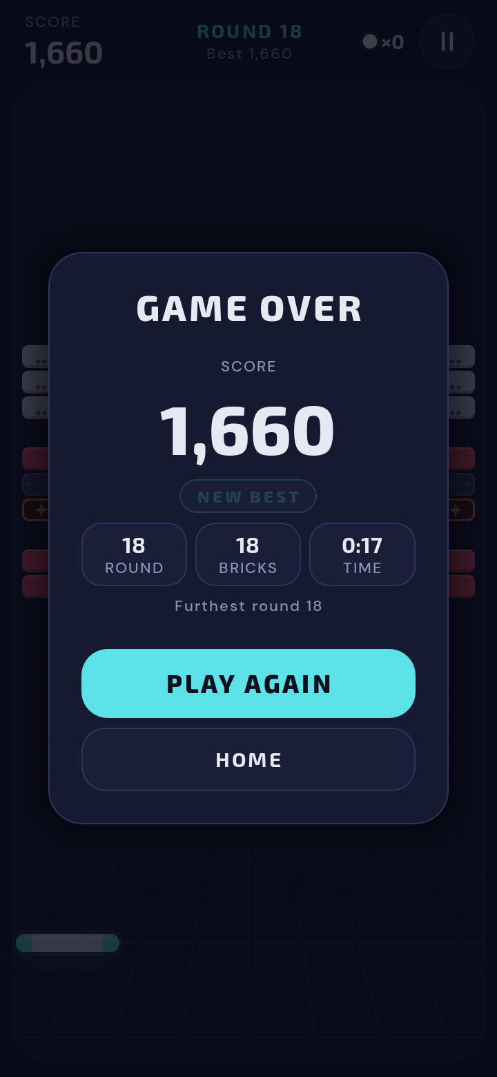 The end-of-run card from the game: GAME OVER, a score of 1,660 with a New Best badge, and tiles for round 18, 18 bricks and time.
