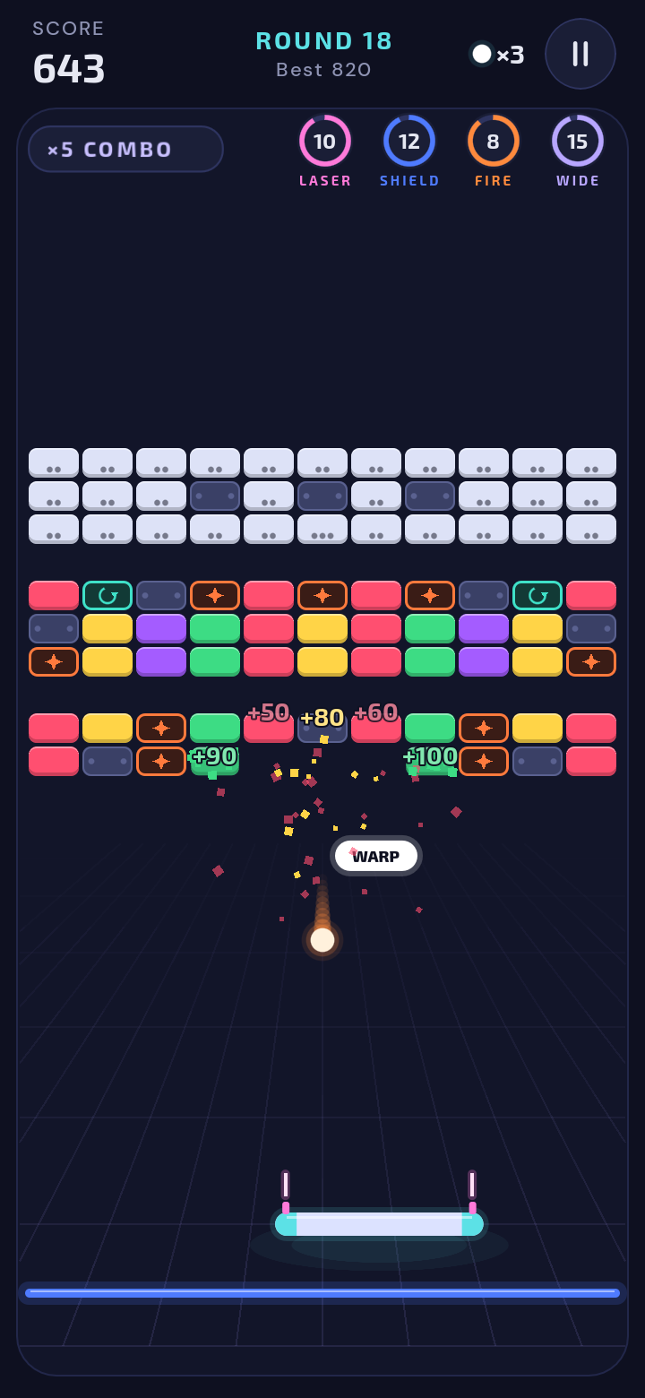 Round 18 in Soft Neon: a navy field, solid muted bricks, a glowing white ball, four countdown rings and a ×5 combo.