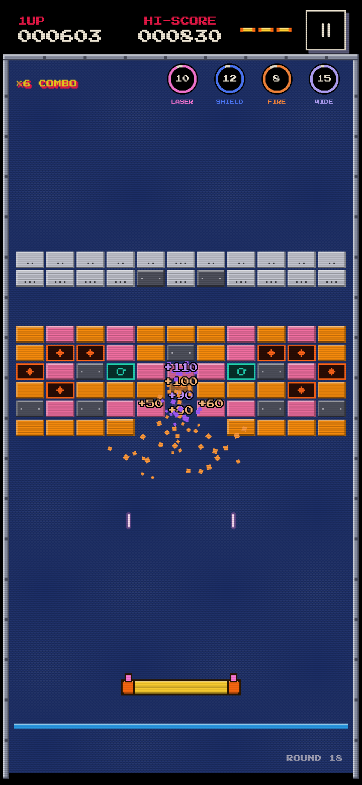 The same round in Retro: a pixel font, 1UP and HI-SCORE counters, striped bevelled bricks and a metal-framed blue field.