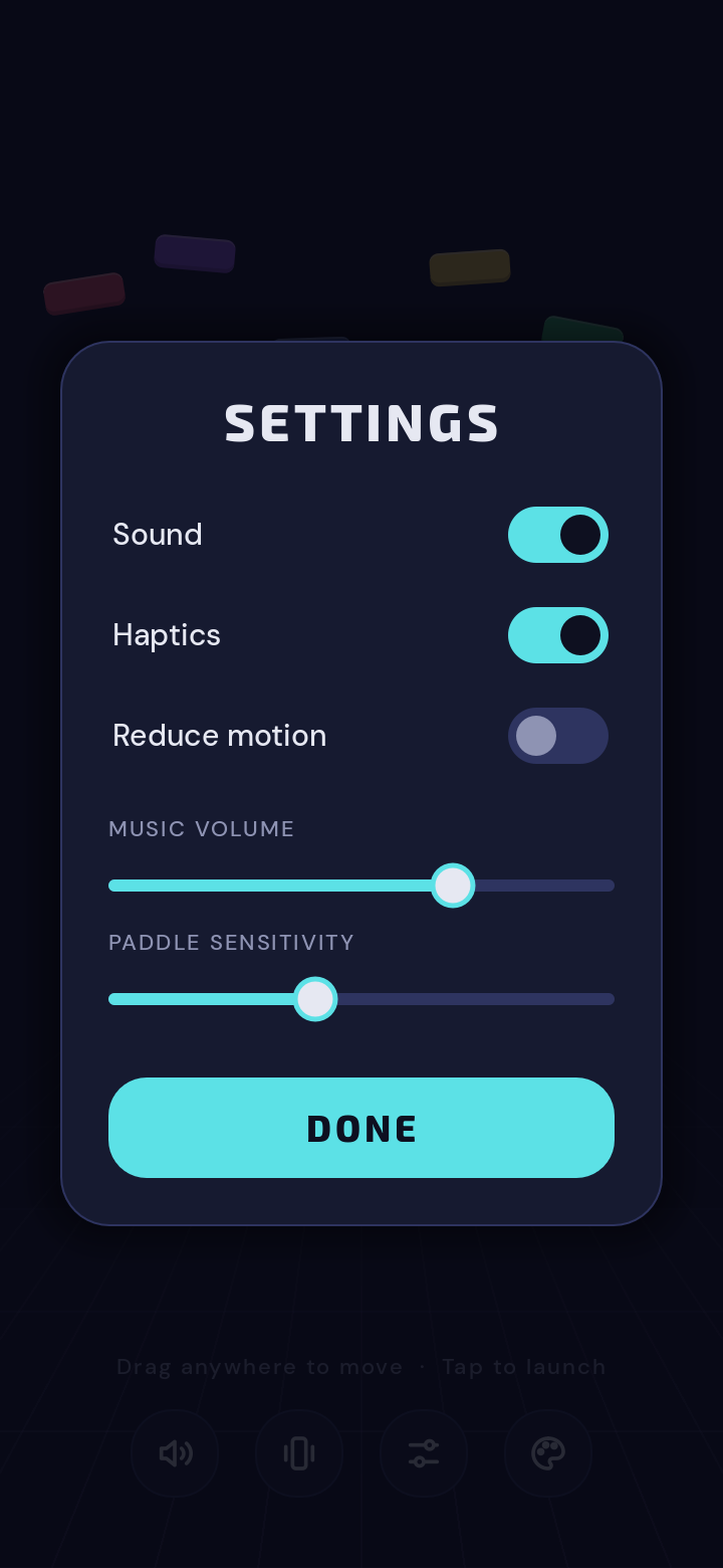 The game's Settings card: Sound and Haptics switches on, Reduce motion off, and sliders for music volume and paddle sensitivity.